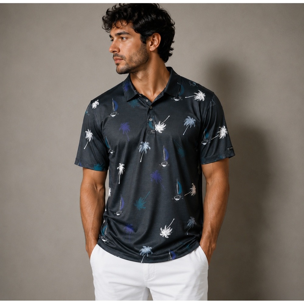 Yatta Golf Palm Tree Print Short Sleeve Performance Polo, Size XL NWT